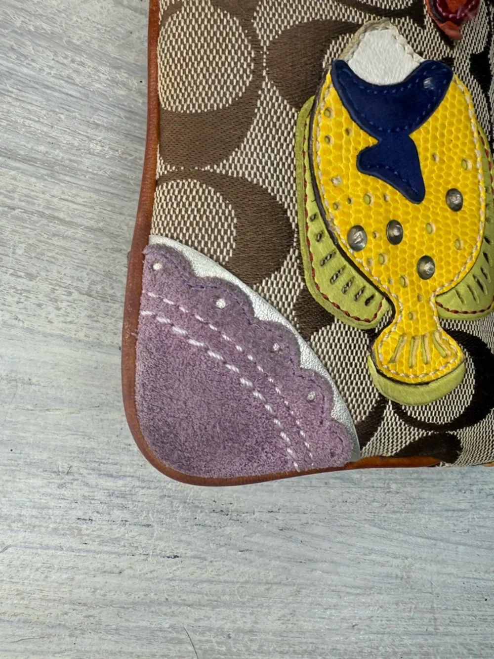 Rare Vintage Coach Canvas Wristlet with Fish Applique - Tan & Yellow